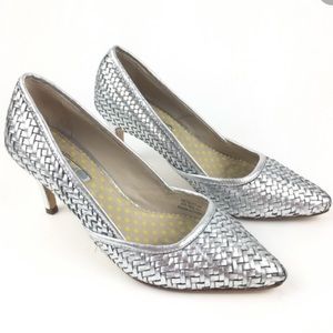 Boden Silver Basket Weave Woven Heels